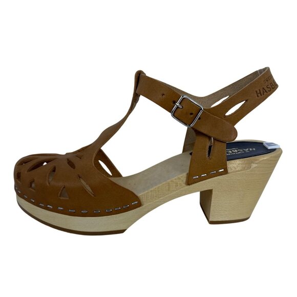 Swedish Hasbeens Women's Lacy Sandal Natural Leather Lime Wood Heels EU 37, US 7 - Picture 8 of 16